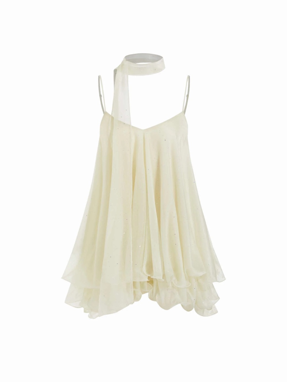 Beige Sequin Scarf Mini Dress | Flowy V-Neck Handkerchief Hem Dress